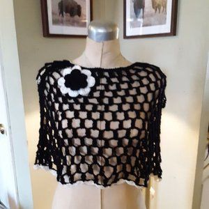 Crochet Black & White Poncho with Flower